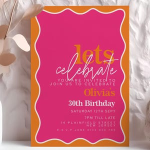 Invitation d'anniversaire vague rose orange modifiable invitation de fête modèle 30e anniversaire moderne pour elle téléchargement immédiat Corjl imprimable