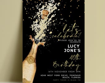 Black Gold Champagne Invitation Template: Luxury Birthday Party Invite, Editable Digital Download (Printable 5x7 Card, Chic Style)
