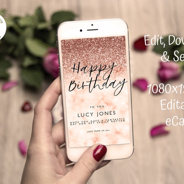 Paperless Electronic Birthday eCard Rose Gold Glitter Digital Card Mobile Phone Happy Birthday eCard Eco Friendly Card