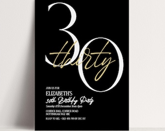 30th Birthday Invitation Woman, Black Gold 30th Party Invite, Elegant Milestone Birthday Invite, Modern Editable Corjl Template