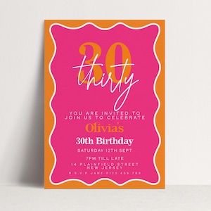 以下が含まれることがあります： 明るいピンク色の背景とオレンジ色のボーダーの誕生日招待状。「thirty」という文字が筆記体で書かれ、その上に数字の「30」があります。テキストには「Olivia's」という名前と日付も含まれています。