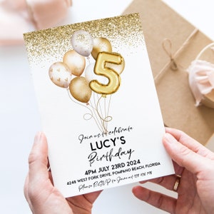 Gold 5th Birthday Invitation Balloon Editable Printable Invite Gold Glitter Instant Download Editable Template Corjl