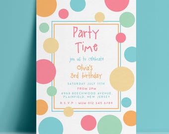 3rd Third Birthday Invitation Template, Polka Dot Editable Invite, Pastel Spots Digital Download, Kids Printable Card