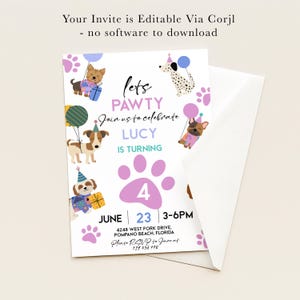 The image is a birthday invitation for a dog-themed party, featuring illustrations of dogs and a birthday cake.