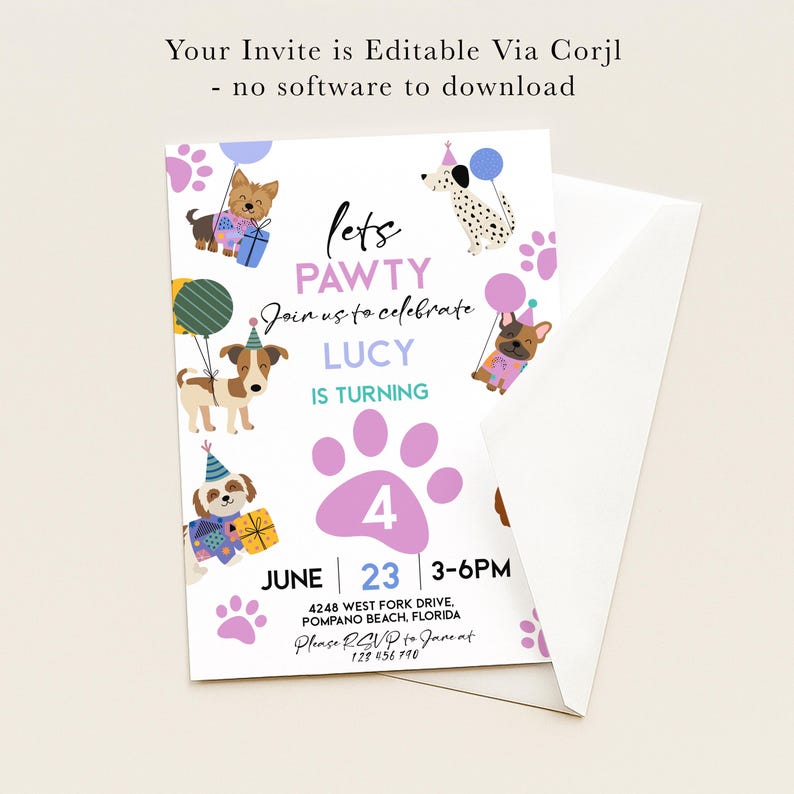 The image is a birthday invitation for a dog-themed party, featuring illustrations of dogs and a birthday cake.