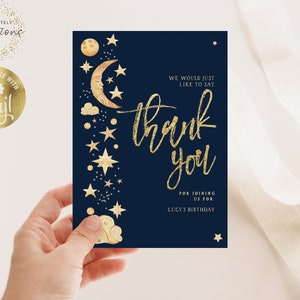 Celestial Bedankkaart BEWERKBAAR Genderneutraal Marine gouden sterren maan datum Bedankt digitale kaart Instant download CL09