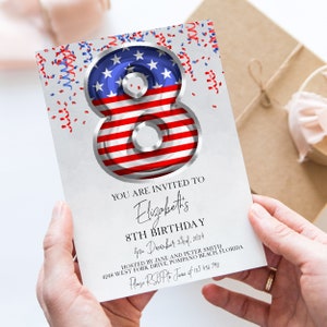 8th Birthday Invitation – Editable Patriotic American Flag Balloon Template, Instant Download, Printable Corjl Invite, Red White Blue Design