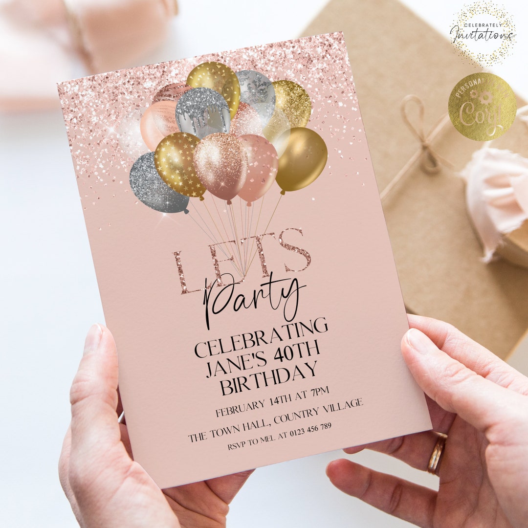 Editable Rose Gold Birthday Invitation Any Age Invite Rose Gold