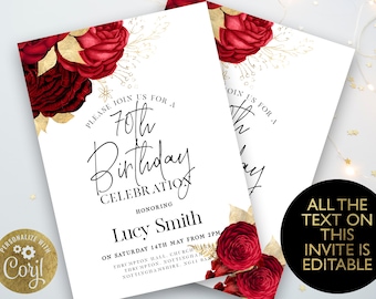 Red and Gold Invites 70th Birthday Invitation Template Floral Birthday Celebration for Women Printable PDF Instant Download Editable Invite