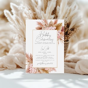Boho Pampas Grass Birthday Invitation – Editable Orchid & Palm Leaf Template, Instant Download, Printable Corjl Invite BH01