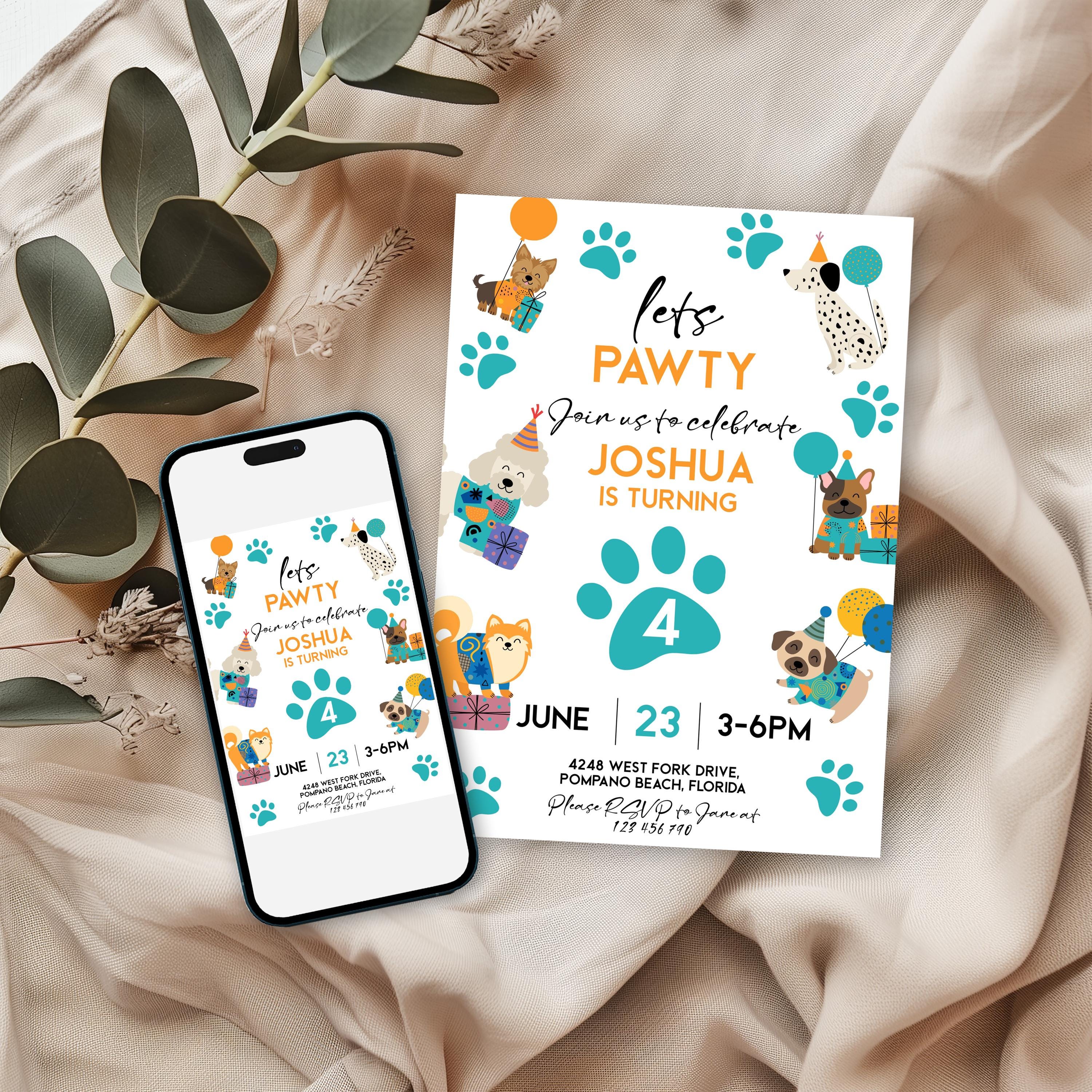 Let’s Pawty Dog Birthday Invitation Editable Puppy 4th Birthday ...