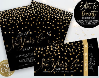 New Years Eve Invitations and Tickets Party Invitation Award Night Event Invite Tickets Gold Glamour Printable Editable Instant Download