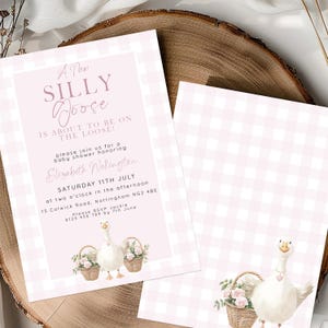 Silly Goose Baby Shower Invitations Girl, Editable Corjl Template, Pink Gingham Baby Sprinkle Invite, Printable Digital Download SG21