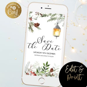 Save The Date Christmas Party Mobile Invitation Template Holiday SMS  Christmas Scene Editable Printable Instant Download