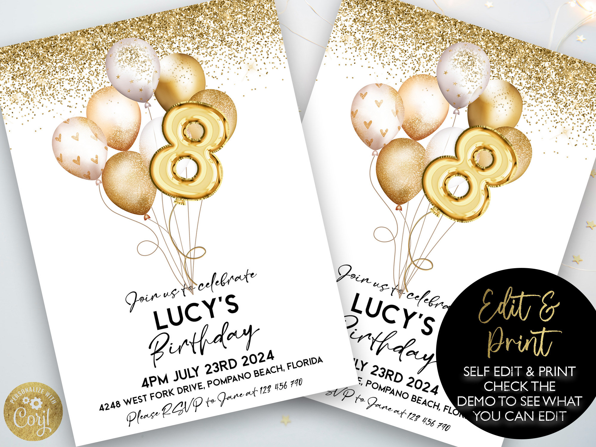 Gold 8th Birthday Invitation Balloon Editable Printable Invite Gold Glitter Instant Download Editable Template Corjl