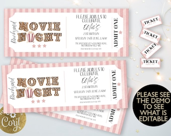 Backyard Movie Night Printable Ticket Invitation Pink Template Editable Movie Under the Stars Outdoor Backyard Movie Party Digital Download