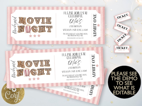 Backyard Movie Night Printable Ticket Invitation Pink Template Editable Movie Under the Stars Outdoor Backyard Movie Party Digital Download Il_570xn
