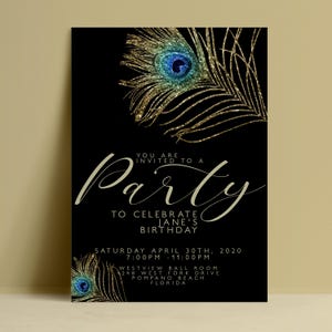 Pfau Geburtstagseinladung Vorlage, Goldfeder bearbeitbar einladen, glamouröser digitaler Download, elegante druckbare Karte