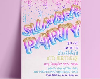 Slumber Party Invite Editable Invitation: Glitter Balloon Style, Pink Purple Blue (Corjl Template, 5x7 Inches)