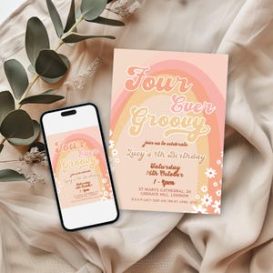 Four Ever Groovy Birthday Invitation Template, Editable Digital Invite for 4th Birthday Party, Printable Retro Design Digital Download GR78