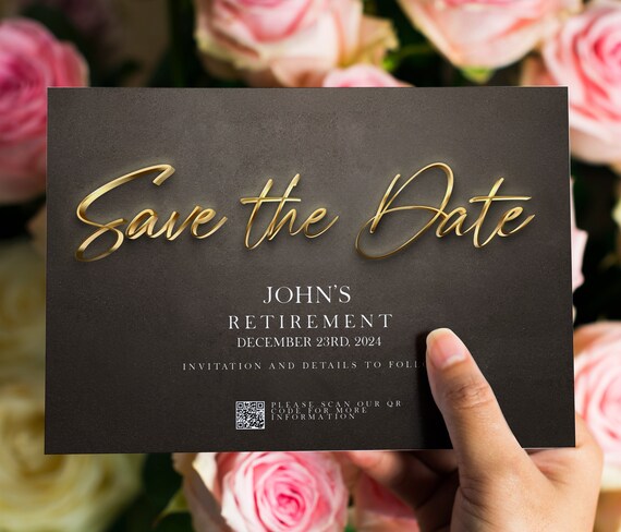 Printable Save The Date With QR Code Invitation EDITABLE Black And Gold Printable Save The Date With QR Code Invitation EDITABLE Black And Gold