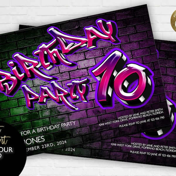 Graffiti Party Invitation Printable Graffiti Birthday Invite Instant Download Editable digital File  Invitation Corjl Template