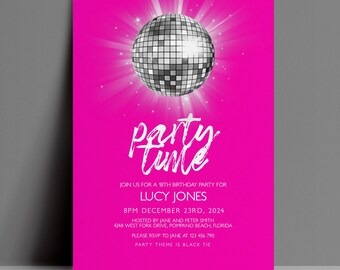 18th Birthday Invitation, Editable Hot Pink Disco Ball Party Time Black Tie Invite, Digital Download, Printable Template