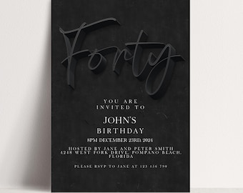 40th Birthday Invitation Editable Template: Black Elegant Minimalist Design, Instant Download | DIY Printable, For Him or Her