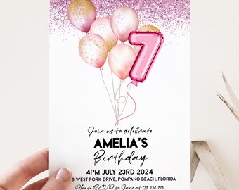 1st Birthday Invitation Balloon Editable Printable Invite Pink Gold Glitter For Her Instant Download Editable Template Corjl