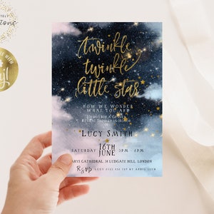 Convite para festa de revelação do sexo do bebê Twinkle Twinkle Little Star, modelo de convite para festa de revelação do sexo do bebê, estrela dourada e lua, ele ou ela, menino ou menina TR32