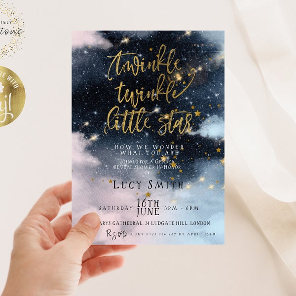 Twinkle Twinkle Little Star Gender Reveal Invitation Gold Stars and Moon Gender Reveal Party Invite Template He Or She Boy Or Girl TR32