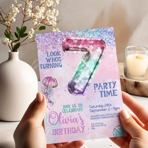 7th Birthday Invitation, Editable Mermaid Party Invitation for Girls Invite Template Instant Download MER01