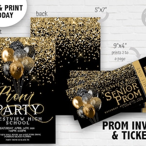 Prom Invitations and Tickets Award Night Invite Event Invite Tickets gold glitter balloons Printable Editable Instant Download