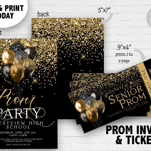 Prom Invitations and Tickets Award Night Invite Event Invite Tickets gold glitter balloons Printable Editable Instant Download