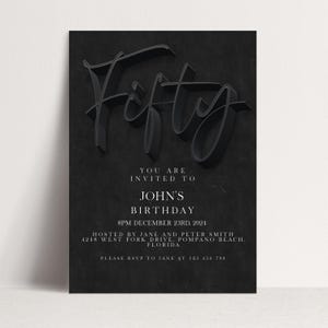 50th Birthday Invitations Editable Template: Black Elegant Design, DIY Printable (Instant Download, For Him or Her)