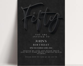 50th Birthday Invitations Editable Template: Black Elegant Design, DIY Printable (Instant Download, For Him or Her)