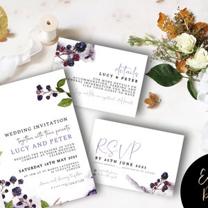 Faire-part de mariage automne Modèle automne Blackberry Faire-part modifiable, plus de détails et RSVP imprimable FL01 en téléchargement