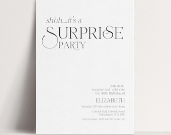 Surprise Party Invitation Template, 40th Birthday Surprise printable Template , White Elegant Birthday Template Digital Download