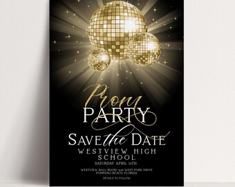 Save The Date Prom Invitations: Disco Glitter Ball Theme, Gold and Black (Editable Template, Printable, 5x7 Size)