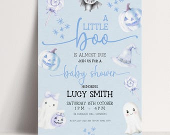 Little Boo Baby Shower Invitation, Blue Halloween Ghost Pumpkin, A Little Boo Is Almost Due, Editable Fall Baby Shower Template
