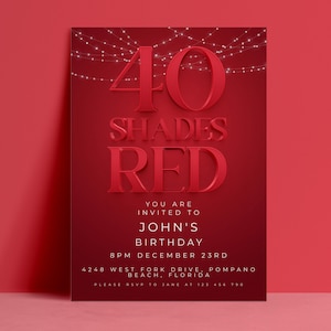 Invito per il 40° compleanno, invito per la festa "40 sfumature di rosso" modificabile, download digitale rosso cremisi intenso, modello stampabile, luci a stringa