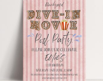 Movie Night Birthday Invitation: Pool Party Pink, Under the Stars | Editable Digital Download, DIY Invite | Instant Access