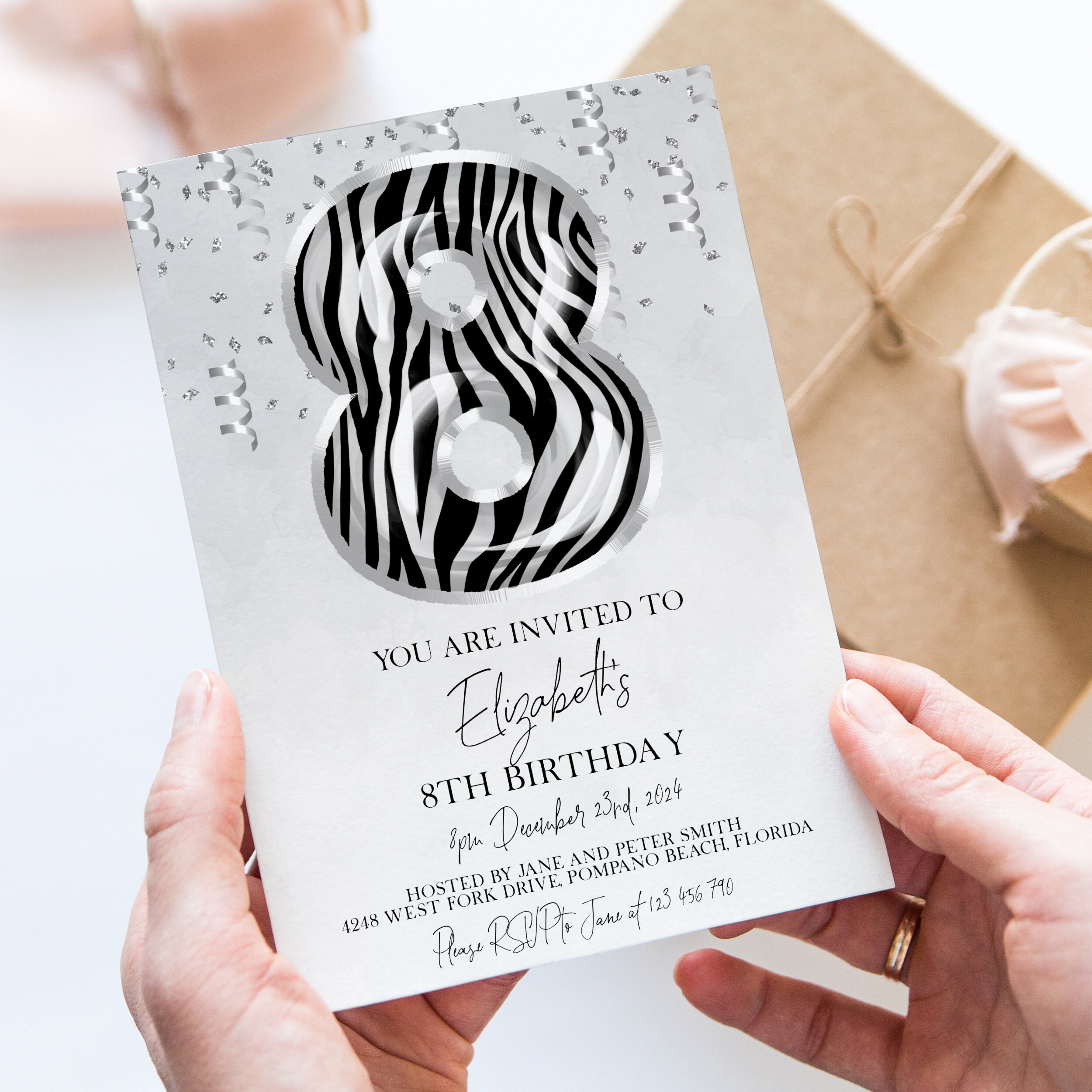 8th Zebra Print Birthday Invitation Editable Template Animal Balloon Invite For Her 8 Year Old Invite Party Celebration Digital Download