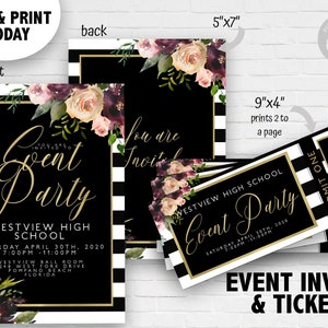 Event Invitations and Tickets Flower Stripe  Prom Invitation Award Night Invite Invite Tickets Printable Editable Instant Download