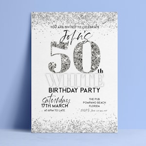 50th Birthday Invitation, Editable Silver Glitter White Party Invite, All White Digital Download, Printable Template, Dress Code