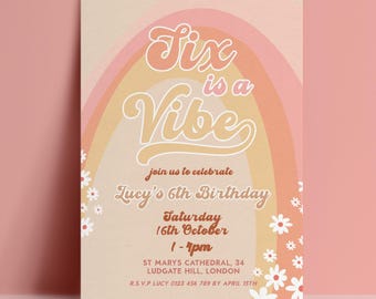 Six Is A Vibe Invitation Template - Groovy 6th Birthday Digital Invite - Editable Design, Printable, Instant Download