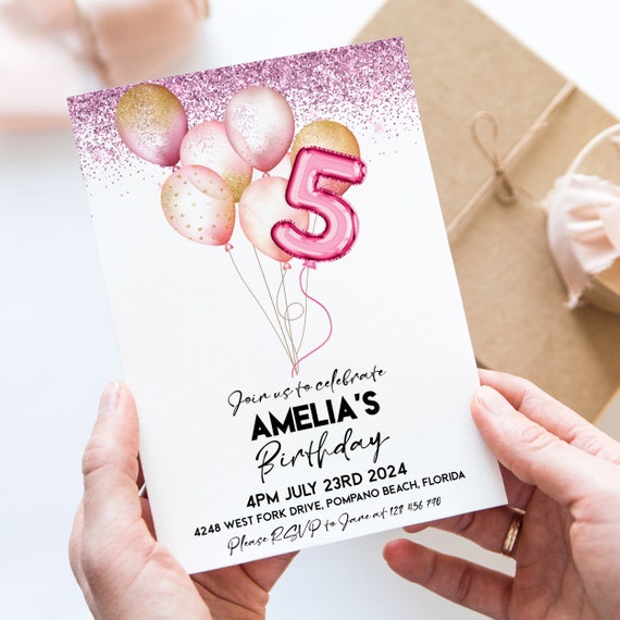 5th Birthday Invitation Balloon Editable Printable Invite Pink Gold ...