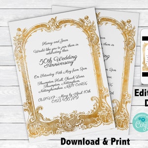 50th Wedding Anniversary Golden Wedding Party Invitations Gold Frame  Editable Instant Download Printable Corjl Template