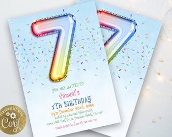 7th Rainbow Birthday Invitation Editable Template Rainbow Balloon Invite For Him 7 Year Old Invite Party Celebration Digital Download
