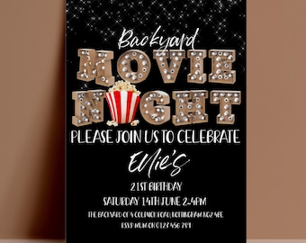 Movie Night Birthday Invitation: Editable Digital Template, Popcorn Party Theme | Instant Download, DIY, Printable | Backyard Party
